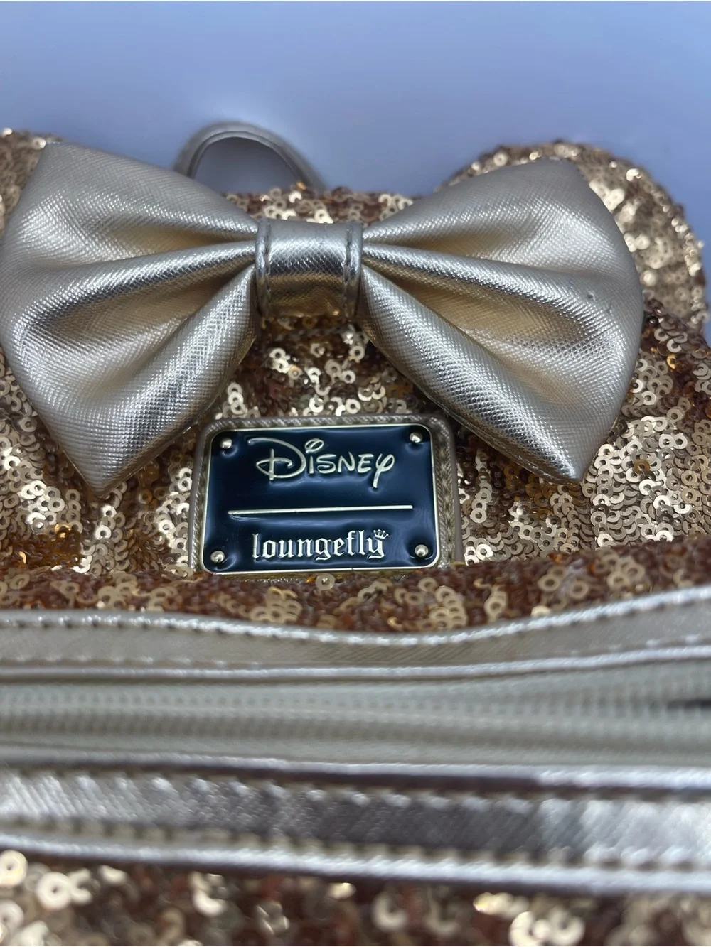 Loungefly Gold Sequin Minnie Backpack with Metallic Bow